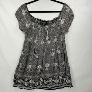 NWT Vintage Angie Smocked Bohemian Top – Y2K Black & White Printed Tunic (S)